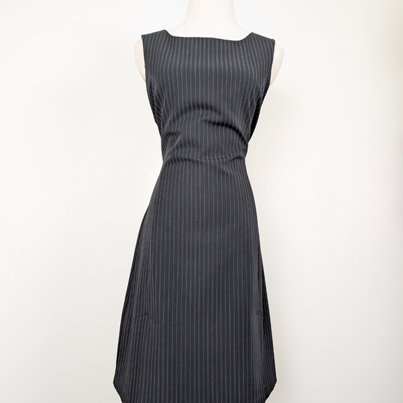 90s Pinstripe Mini Dress Short Thigh Length High Neckline Pleated Fitted Stripes - Picture 9 of 14